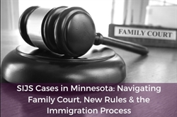 [ai] A wooden gavel resting on a sounding block, with a blurred background showing a sign that reads 'Family Court.' The image includes text overlay about SIJS cases in Minnesota and the immigration process.